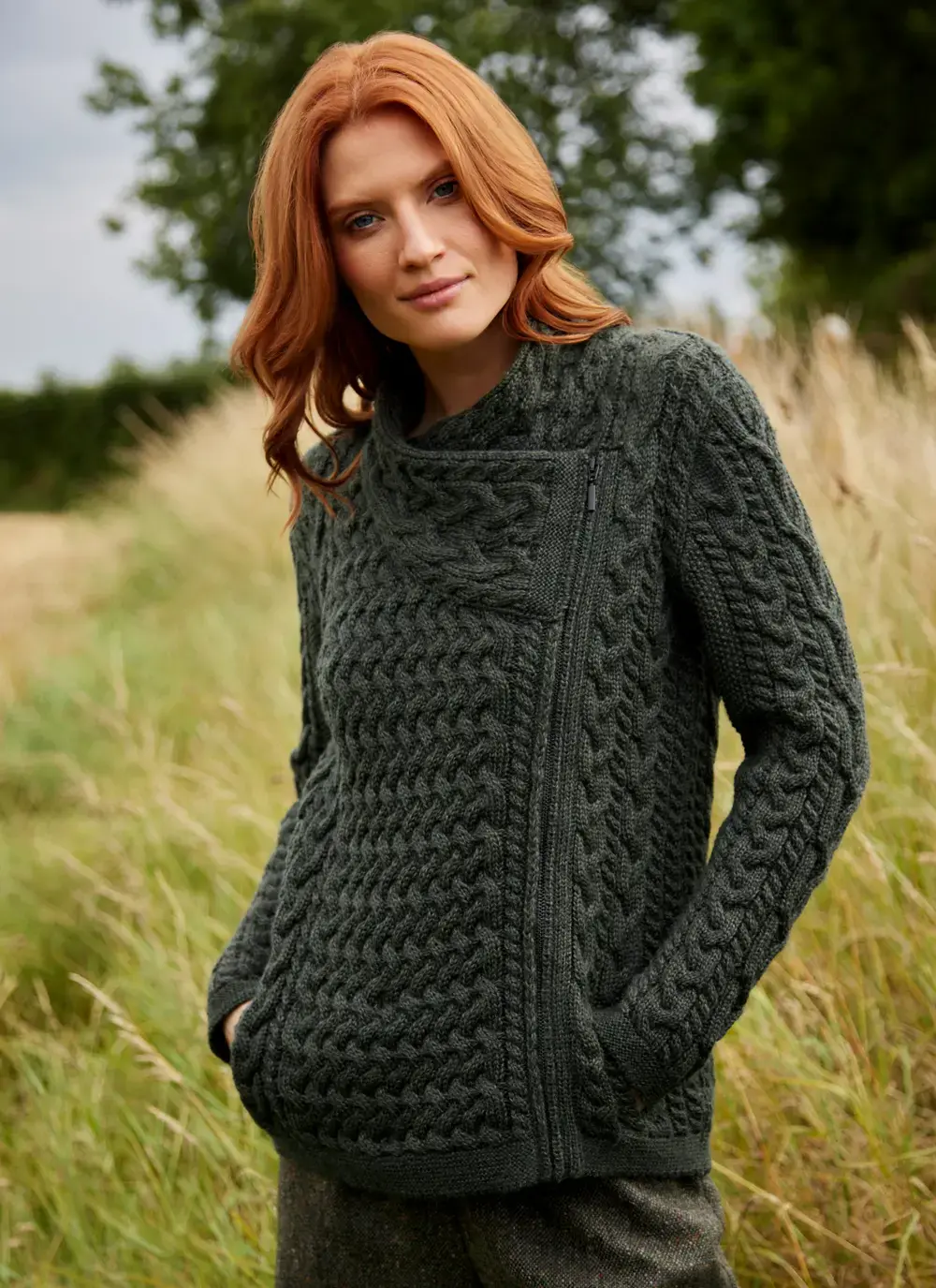 Merino Wool Alannah Aran Biker Jacket in Army Green with Cable and Basketweave Stitches